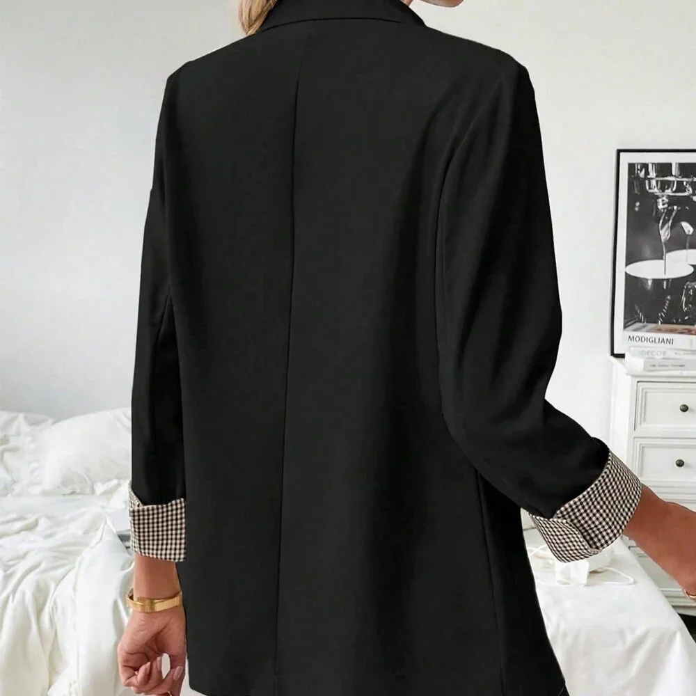 Elegant Black Women's Plaid Sleeve Trim Blazer - Picture 2 of 4